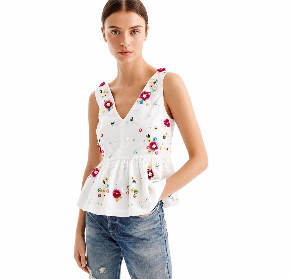 J.Crew Embellished Floral Linen Blend Peplum Tank Top Ivory Size 12